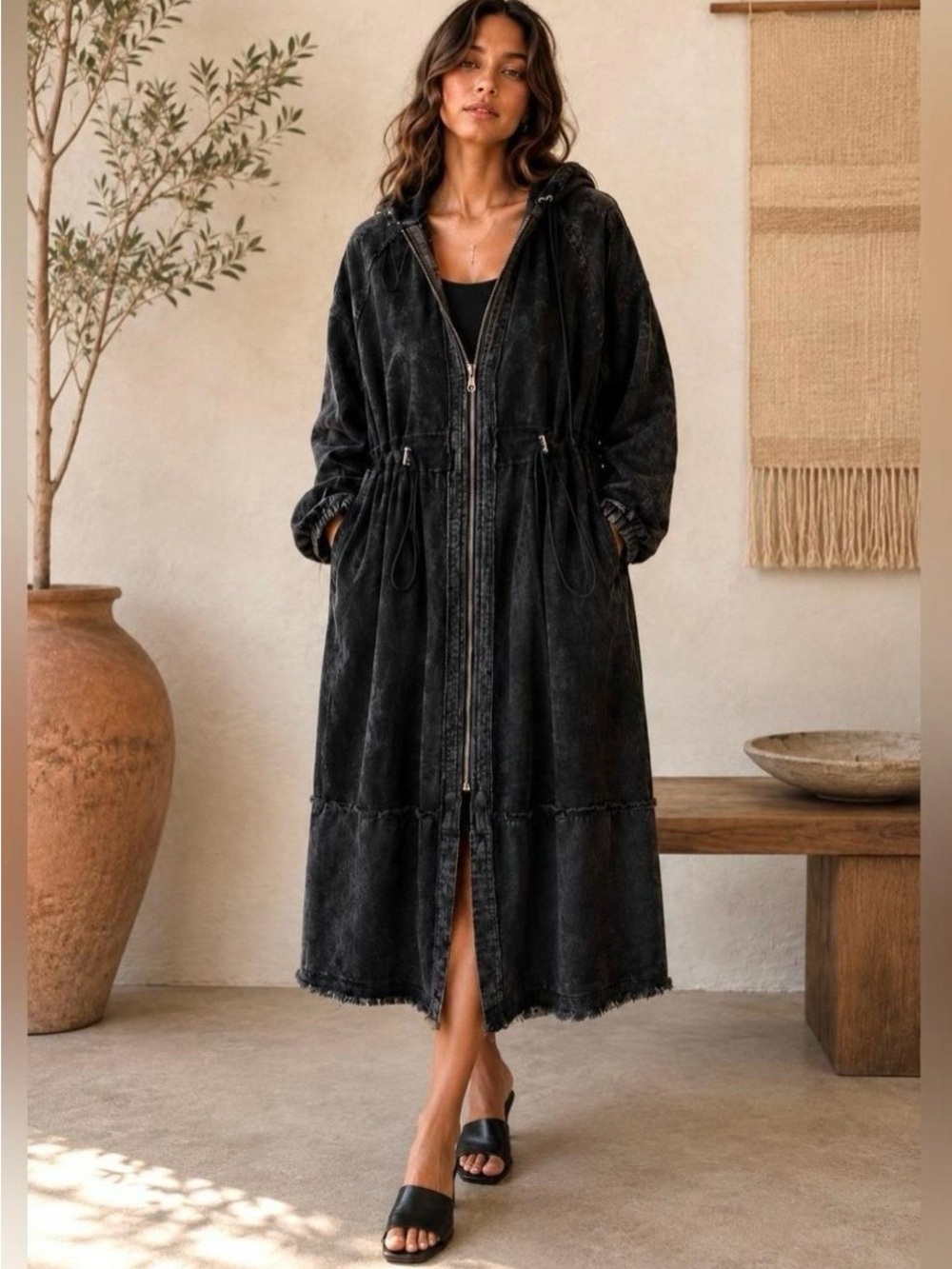 Oli & Hali Mineral Washed Tiered Long Duster Zip Up Hoodie Jacket size Small